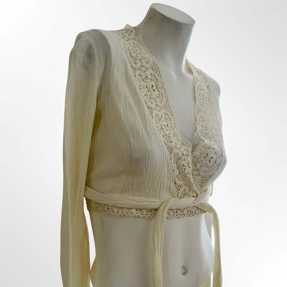 Vintage Cream White Lace Trim Bell Sleeve Crop Wrap Top Blouse - Picture 2 of 7